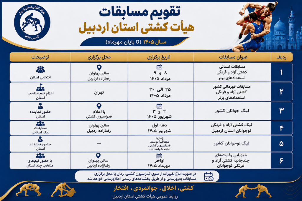 تقویم مسابقات هیأت کشتی استان اردبیل تا پایان مهرماه ۱۴۰۵ منتشر شد
